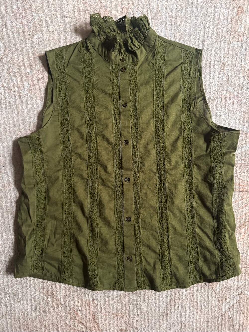 Sezane Olive Lace-Trim Sleeveless Button-Down Top